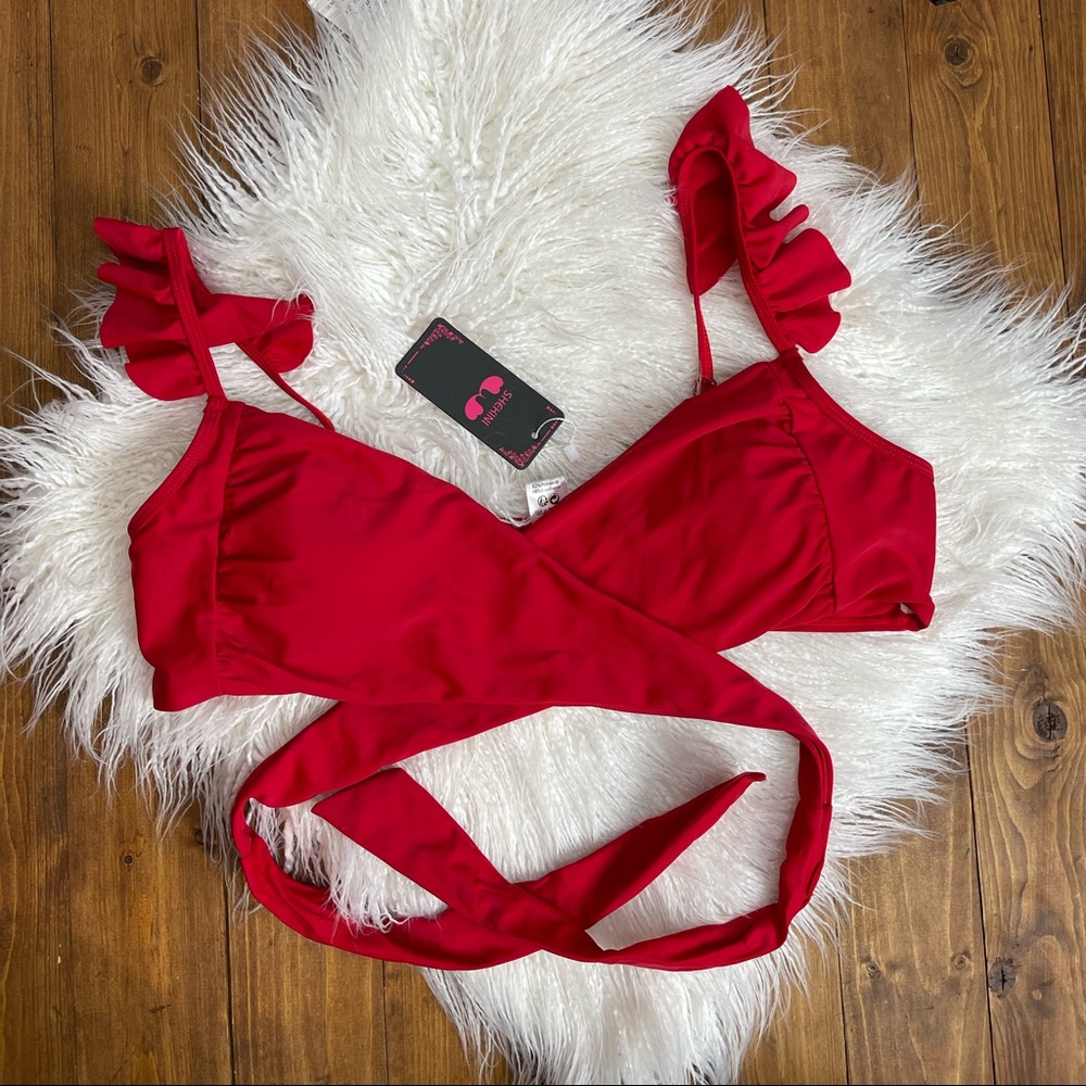 NWT Shekini Swimsuit top red wrap bikini with ruffle straps size XL
